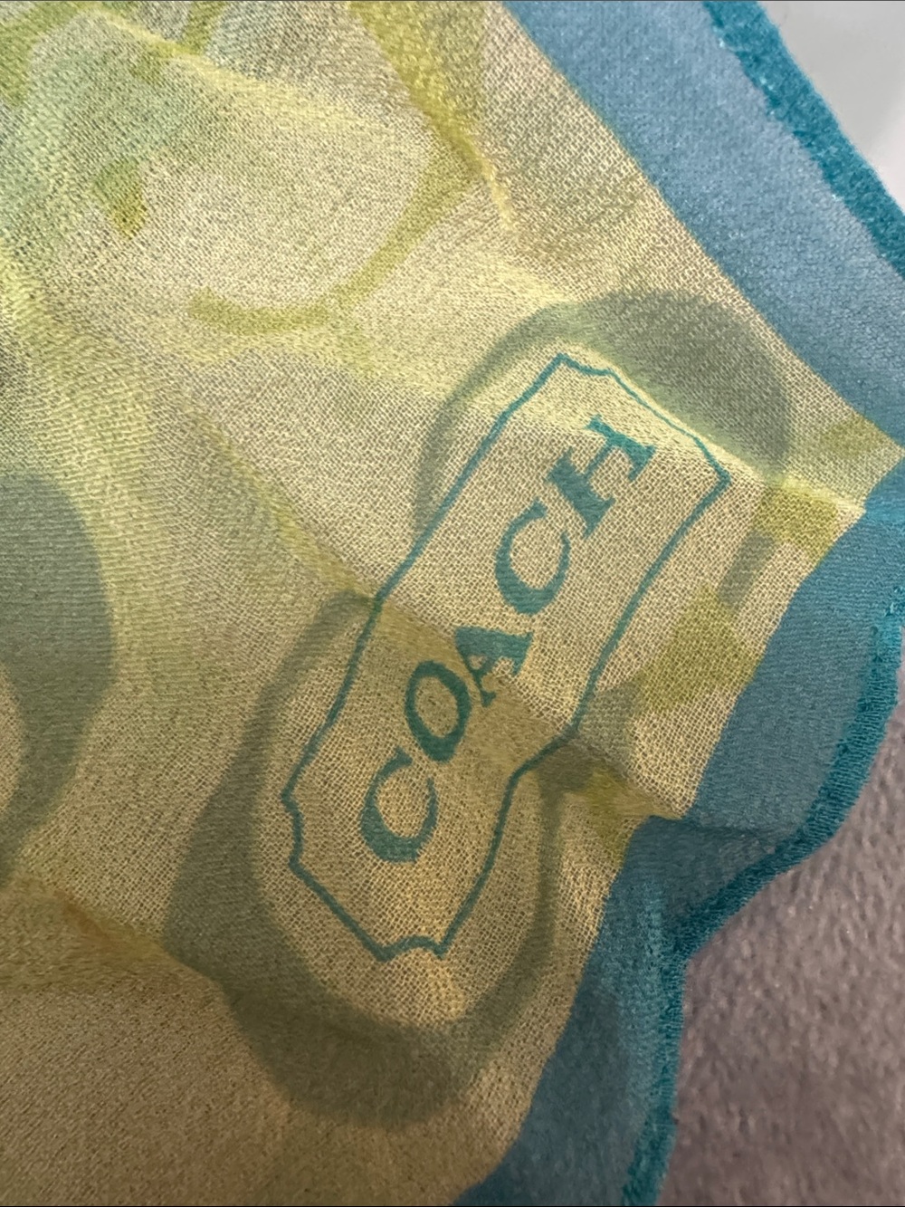 Coach silk Lime Green and Teal Logo Print Scarf - Picture 2 of 12